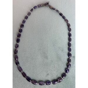 Amethyst Gemstone Bead Necklace Purple Oval Knotted Strand Toggle Clasp Vintage